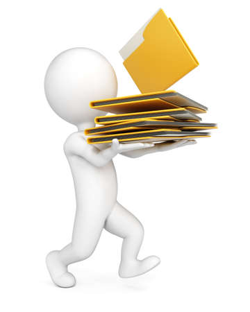 3D man with stack of folders isolated on whire background. Paperwork concept.の写真素材
