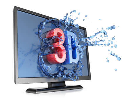 Modern monitor with text and water splash on screen isolated on white background. 3D TV concept.