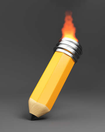 Burning pencil over grey background. 3d renderの写真素材