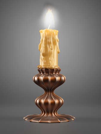 Burning candle on grey background. 3d renderの写真素材