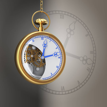 Gold watch on grey background with dial shadow. Time passing concept. 3d render