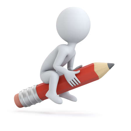 3D man riding on pencil isolated on white background.の写真素材