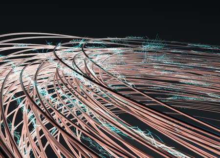 Metal wire with electric sparks over dark background. 3d renderの写真素材