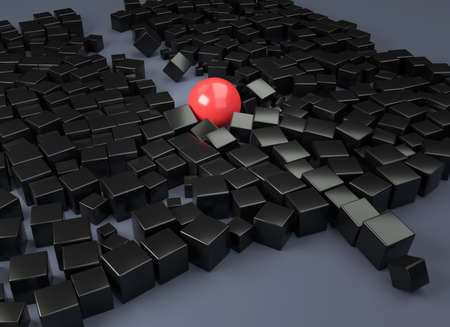 Red sphere moving through group of black cubes pushing them apart. Over grey background. 3d renderの写真素材