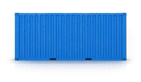 Side view of the blue shipping container over white background. 3d render.