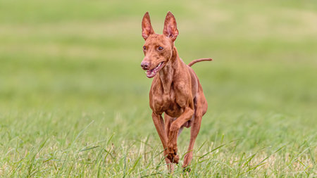 Cirneco dell Etna dog running in the field on lure coursing competitionの写真素材