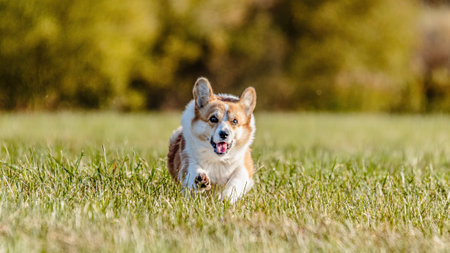 Dog running in the field on lure coursing competition with sunny weatherの写真素材