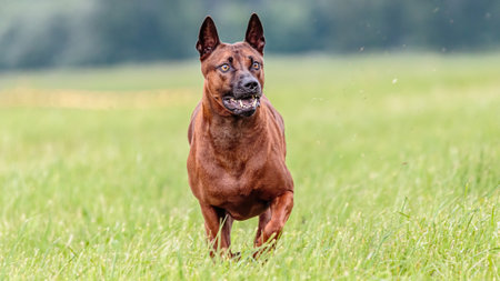 Thai Ridgeback dog running in the green field on lure coursing competitionの写真素材