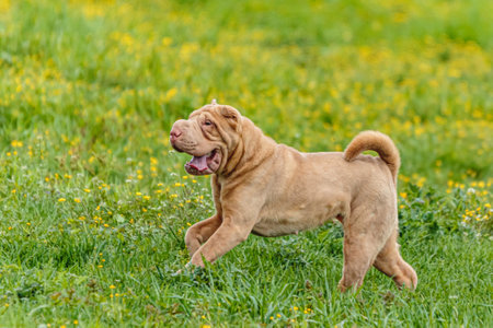 Shar Pei dog running in the field on lure coursing competition with sunny weatherの写真素材