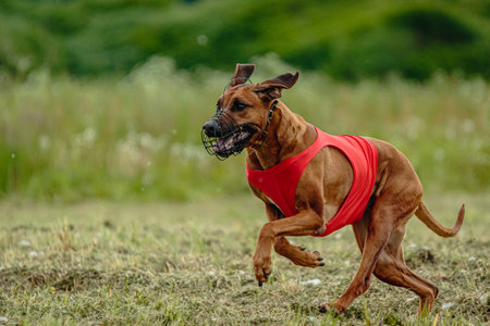 Rhodesian ridgeback dog in red shirt running in green field and chasing lure at full speed on...