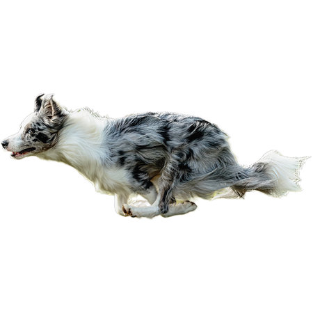 Dog running in field and chasing at full speed on competition straight on camera isolated on white backgroundの写真素材
