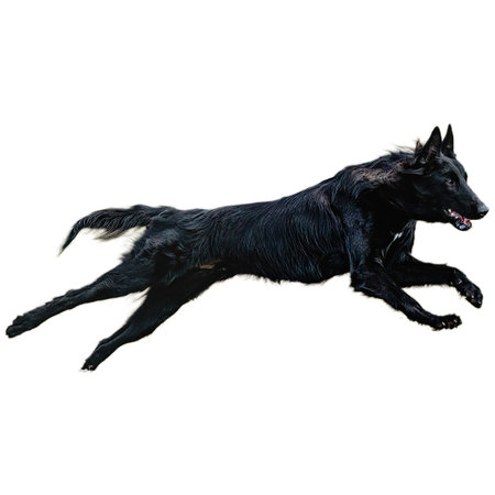 Dog running in field and chasing at full speed on competition straight on camera isolated on white backgroundの写真素材