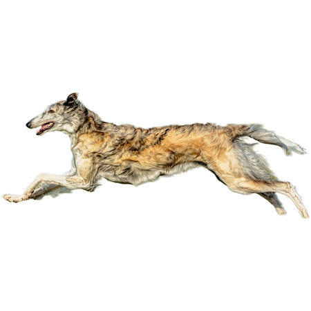 Dog running in field and chasing at full speed on competition straight on camera isolated on white backgroundの写真素材