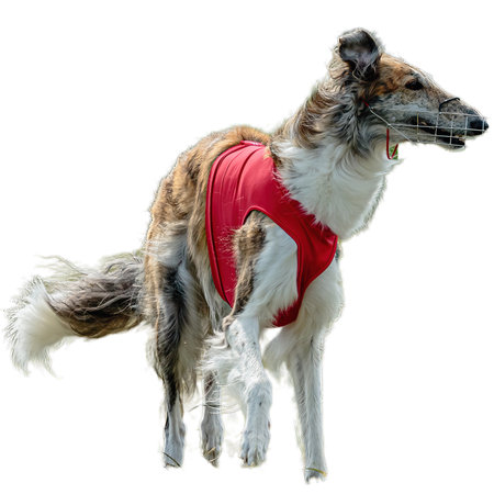 Dog running in field and chasing at full speed on competition straight on camera isolated on white backgroundの写真素材