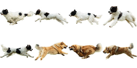 Dog collage running catching hunting straight on camera isolated on white background at full speed on competitionの写真素材