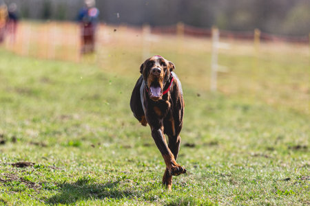 Dog running straight on camera and chasing coursing lure on green field