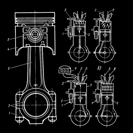 set of blueprints of pistons on black のイラスト素材