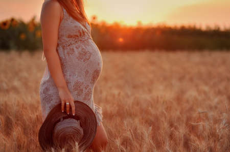 the pregnant girl with a hat in the field of wheat on a sunsetの写真素材