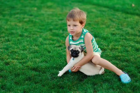on a lawn play the child with a puppy of a pugの写真素材