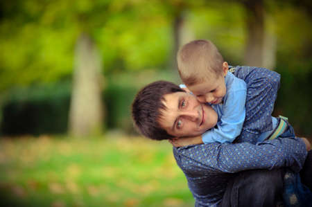 close up outdoors the father and the son embraceの写真素材