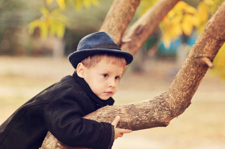 the boy in the autumn wood in a hat and a coat among treesの写真素材