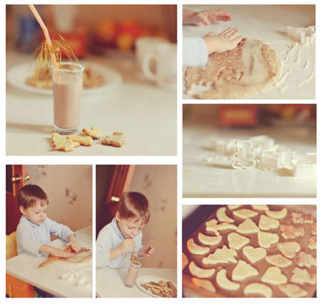 collage boy kneads the dough and shapes cut cookiesの写真素材