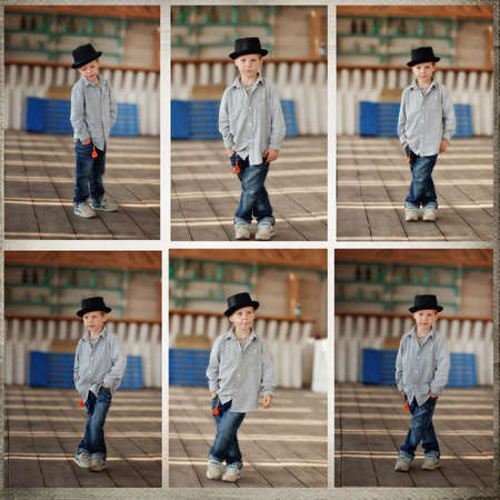 Collage-a beautiful child in a black hat and jeans posing on a wooden floor
