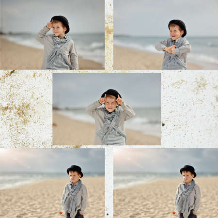 collage-emotional boy in black hat and jeans posing on the beach