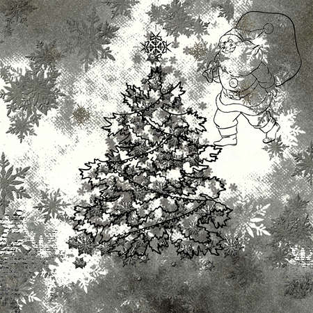 New vintage in black and white Christmas tree and Santa Clausの写真素材
