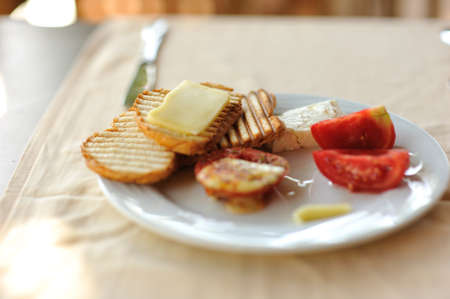 on a white plate crisp bread with cheese and tomatoesの写真素材