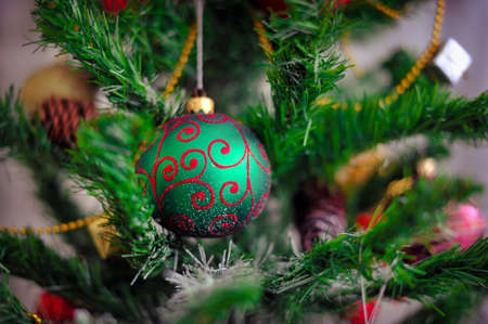 Christmas tree decorated with different beautiful toysの写真素材