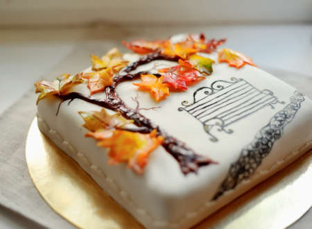 delicious cake on white painted branch with autumn leaves and a benchの写真素材