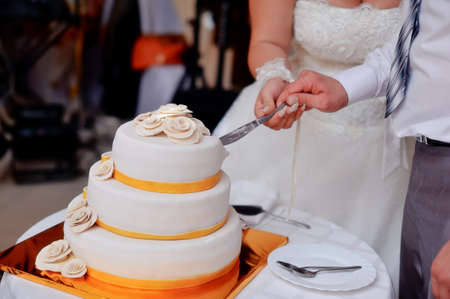wedding cake and bride and groom with the knifeの写真素材