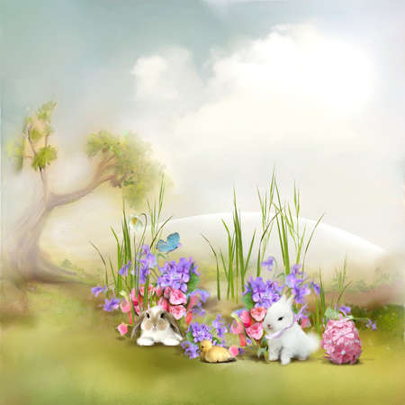 on a gentle background of cute rabbits with chickenの写真素材
