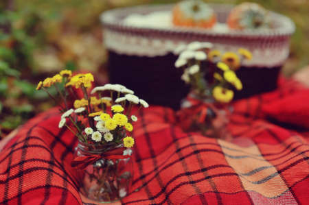 on a red blanket two bouquets of autumn colorsの写真素材