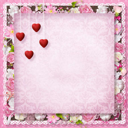 pink floral greeting card with hearts for Valentine s Dayの写真素材