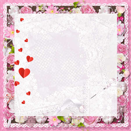 pink floral greeting card with hearts for Valentine s Dayの写真素材