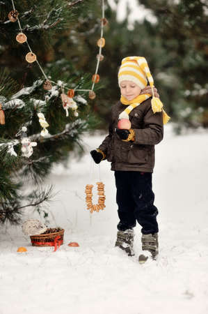 snowy winter outdoors boy dresses up Christmas tree bagels and toysの写真素材