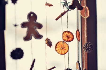 On a white background I hang down threads with different spices of an anise and vanilla and conesの写真素材