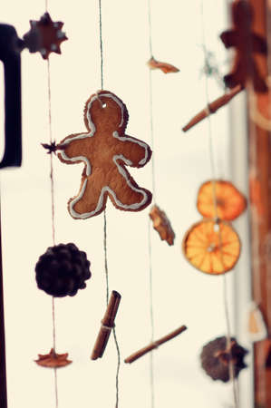 On a white background I hang down threads with different spices of an anise and vanilla and conesの写真素材