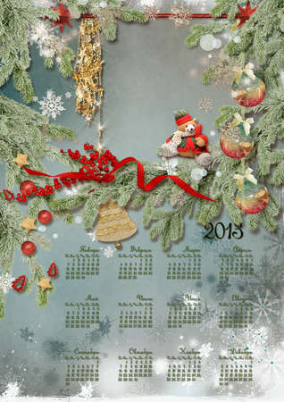 Calendar  with toys and a bear against a fur-tree with snowflakesの写真素材