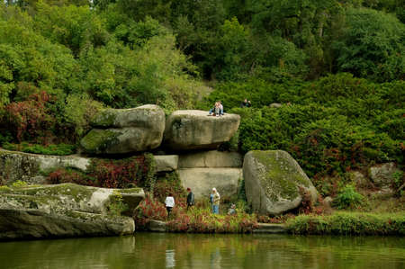Beautiful dense wood with the big rocks on the bank of lakeの写真素材