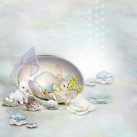 Vintage postcard, on a gentle background of eggs and cute rabbitsの写真素材