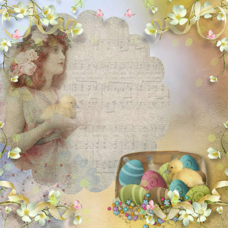 Easter vintage postcard with beautiful eggs and space for textの写真素材
