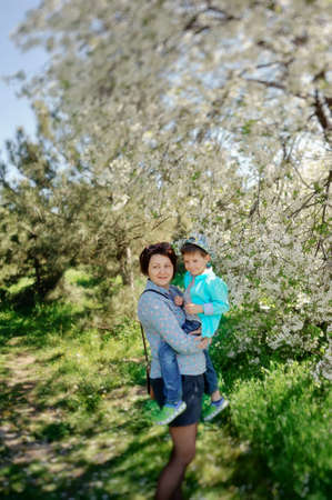 in nature in a lush garden a little boy in the blue shirt in the hands of motherの写真素材
