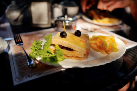 in the sun on a white plate delicious sandwich with cheese and olivesの写真素材