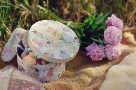 Outdoors in the grass beautiful box with toys and a bouquet of peoniesの写真素材