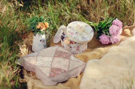 composition on the grass on a blanket, pillow lies a beautiful box with toys and a vase with flowersの写真素材