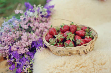 beautiful composition with a fur in a wicker basket strawberries and a bouquet of flowersの写真素材
