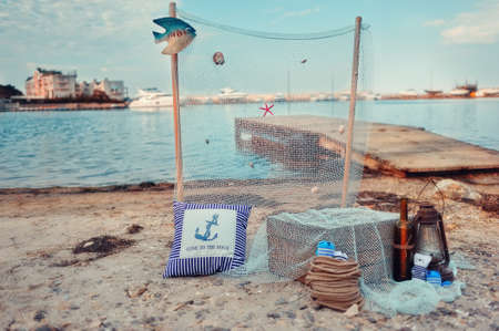 on the bay at the wooden pier fishing nets and marine compositionの写真素材